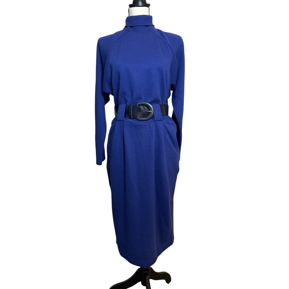VTG MS Chaus Knits Blue Mock Turtle Neck Long Sleeve Round Buckle Belt Women's S